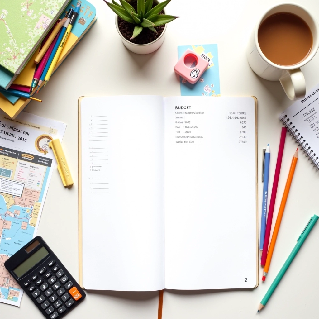 Workspace with budget planning materials, school supply lists, and research documents spread across desk for back-to-school content research