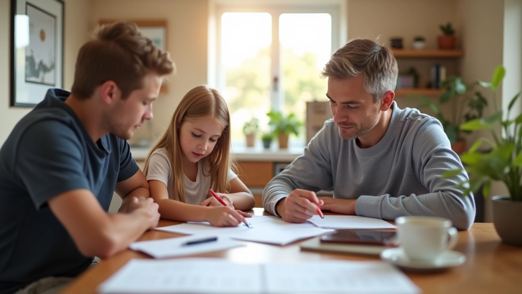 Family sitting together at kitchen table reviewing papers and discussing back to school expenses with a calendar