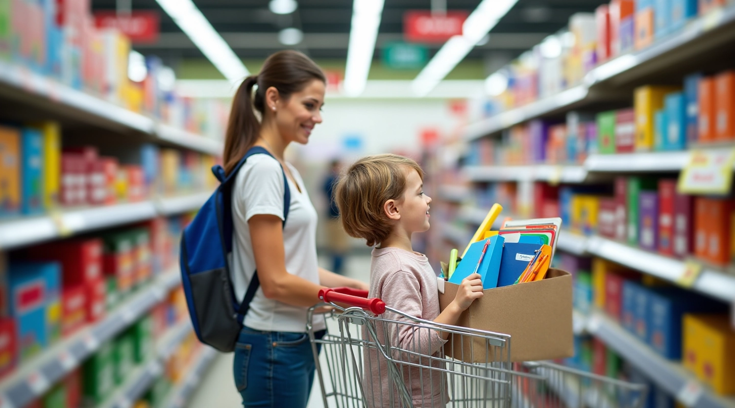 Parent and child together selecting school supplies from shelf in store