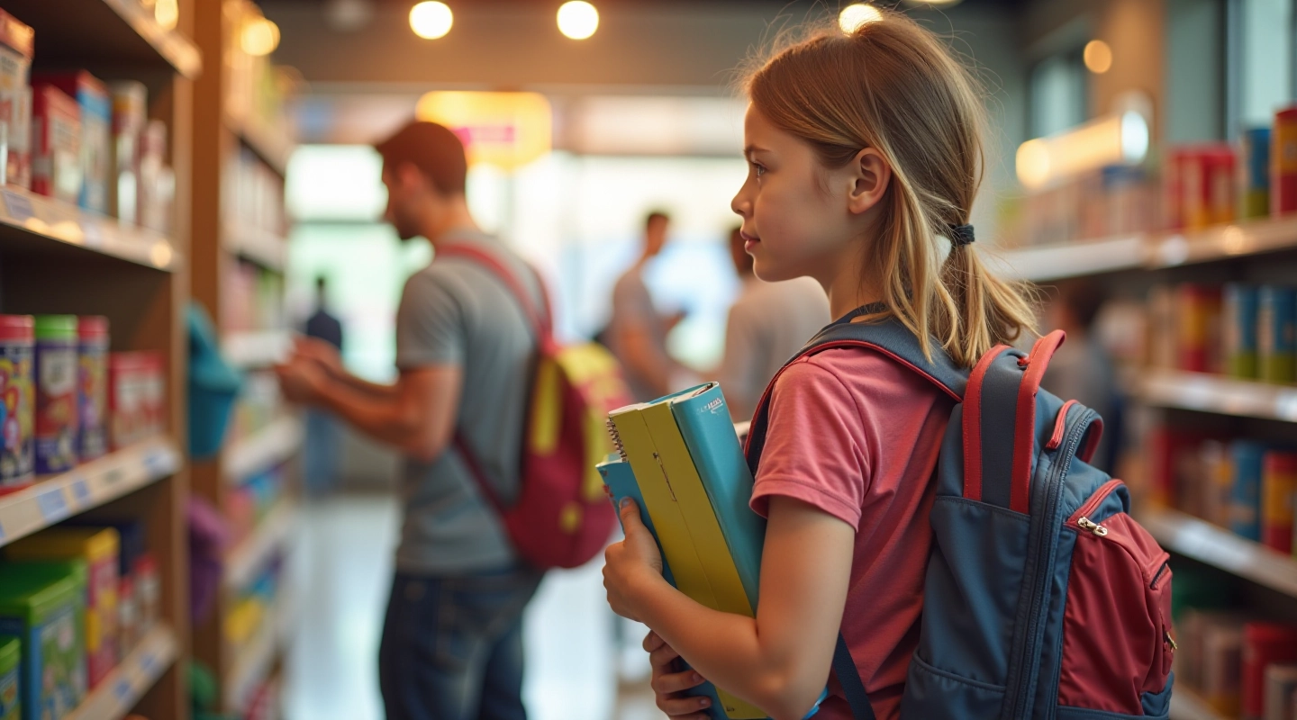 Parents and children shopping for school supplies together in a bright retail environment