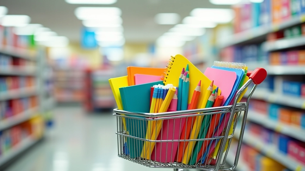 Shopping cart filled with various school supplies including notebooks, pencils, and folders in a retail store