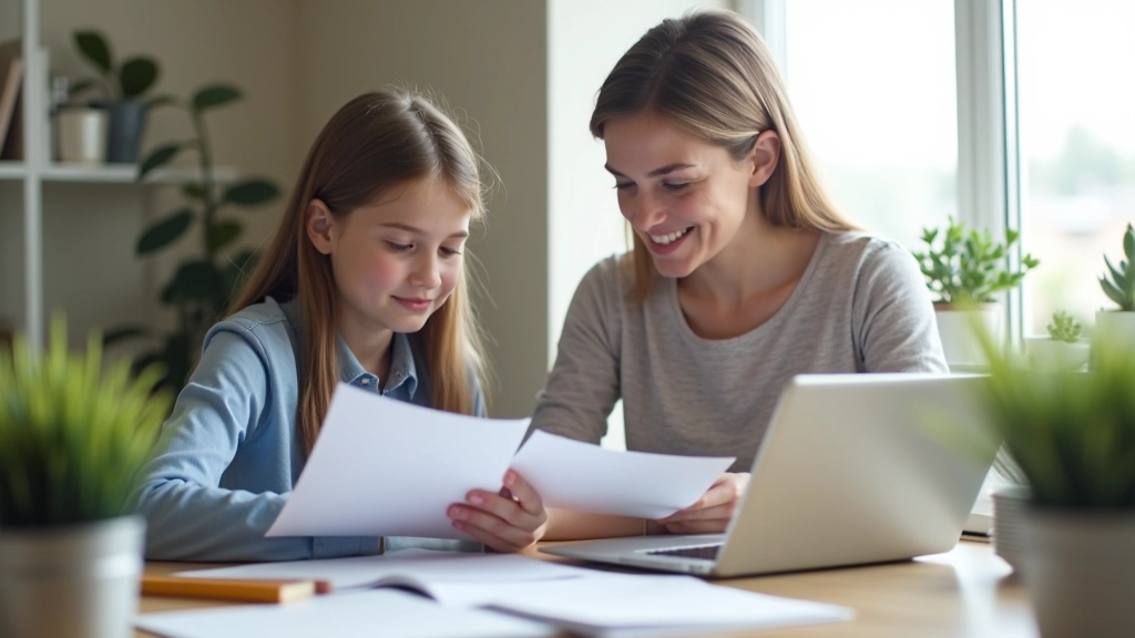 Parent and student reviewing education options and school materials at home desk with laptop